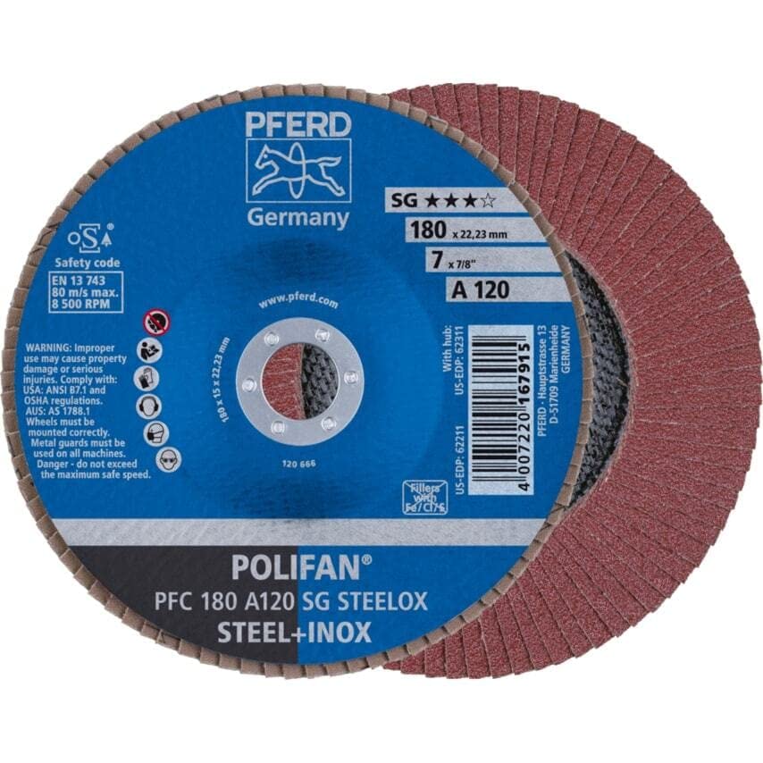 PFERD Polifan SG абразивен размавта диск, тип 29, тркалезна дупка, поддршка на фенолна смола, алуминиум оксид, 7 диа., 120 решетки