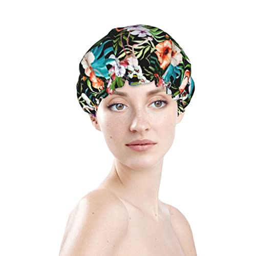Womenените што можат да се користат за истегнување на полите на косата тропски акварел фламингос плумерија цвеќиња двојни слоеви водоотпорни капачиња за туширање ка