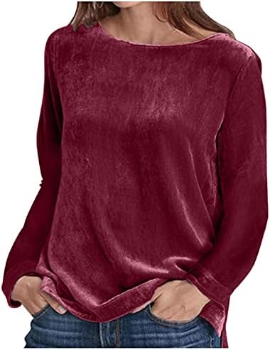 Balakie Womens Velvet врвови цврста боја со долги ракави со тркалезен врат кошули со обични пулвер блузи врвови за есен и зима