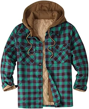 Zdfer Men Flannel кошула јакна со качулка задебелена топла ватирана поставена карирана јакна копче за палто Худи термичка надворешна облека