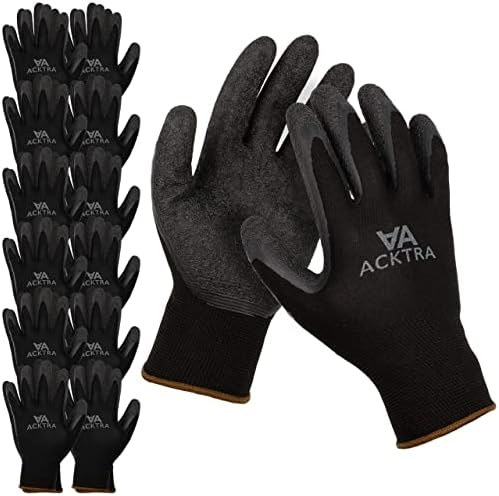 Acktra обложени најлонски безбедносни ракавици 12 пара, плетени манжетни за зглобот, повеќенаменска, за мажи и жени, WG008 Црн