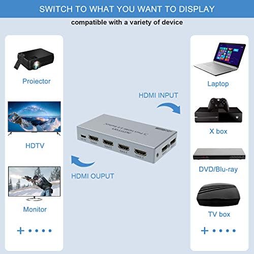 Прекинувач AVMTON HDMI 5 во 1 out 4K HDMI Splitter Splitter Switcher со далечински 5 порта HDMI Switch Box Поддршка 4K@30Hz 3D 1080P HDCP1.4 за PS5 PS4 Xbox DVD TV