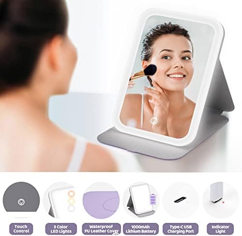 Мекано преносен LED осветлен огледало за шминка за суета со затемнето 3 режими во боја, козметичко огледало за контрола на допир, огледало