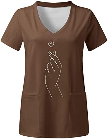 Истепени кошули за жени жени плус големина Врв V врат кратки ракави џебови отпечатоци маица маички маички жени жени