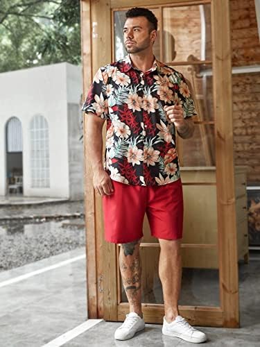 Nibhz Облека со две парчиња за мажи Мажите случајна тропска кошула за печатење и шорцеви за половината за влечење