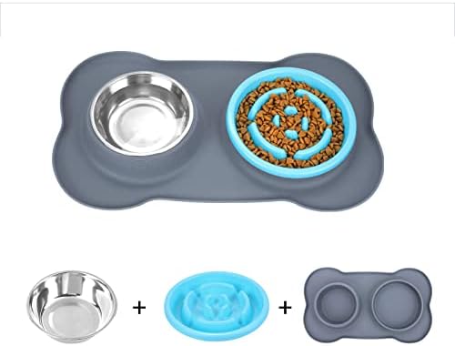 Чадови за кучиња Гузо побавно хранење храна што не се влева не-влечење на силиконски душеци од не'рѓосувачки челик, здрав дизајн здрав дизајн за кучиња и мачки （син