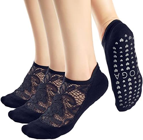 Биволу не лизга јога чорапи за жени што дишат чипка цветна мрежа за пилатес, баре, тренингот, танцувачки анти-лизгачки чорапи 3 пакувања