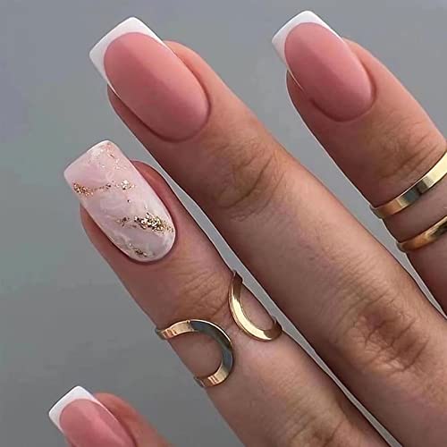 Јосомк ​​Француски совет притискајте на ноктите кратки розови плоштади лажни нокти со дизајни дневно носат природни нокти сјајно акрилик вештачки
