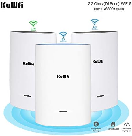 KUWFI 3-пакет Tri-Band Wifi WiFi систем со AC2200 Gigabit Mesh WiFi 5 Router & Extender Замена на опфаќа до 6500 Sq.ft Tri-band