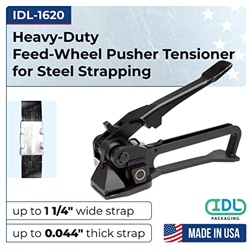 IDL пакување IDL-1620 FEEF-тркала за напојување затегнувач за затегнувач на затегнувачи за 5/8 до 1 1/4 челик, направено во САД-Совршено за тркалезни и рамни пакувања-алатка з?