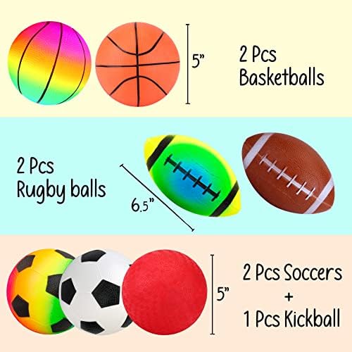 Плејзап топки за мали деца 1-3, спортски игралишта за спорт, вклучително и 7 парчиња 5 инчи затворени топки за игралишта на отворено, фудбалски топки, фудбали, кошарка