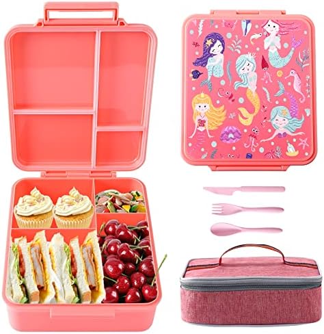 Hiotmosy кутија за ручек за деца бенто кутија, контејнер за ручек 4 прегради со лажица вилушка изолирана торба за ручек за време