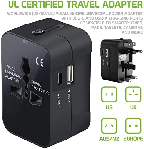 Travel USB Plus Меѓународен адаптер за напојување компатибилен со ASUS FE380CG за светска моќ за 3 уреди USB TypeC, USB-A за патување