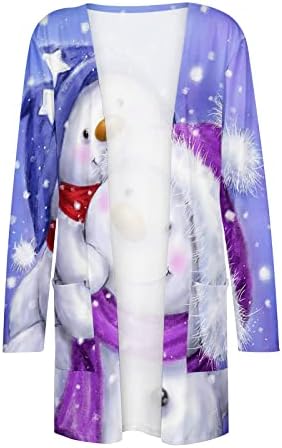 Божиќни носии за жени, симпатични кардиган со долги ракави, обични отворени предни падови на кардиган лесни палта со џебови