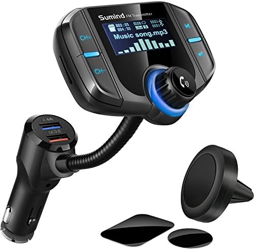 Адаптер за автомобили во автомобил FM Transmiter, безжичен радио адаптер 1,7 инчен дисплеј, QC3.0/2.4A двојни USB порти, излез на Aux, MP3 плеер со магнетна монтажа и плоча