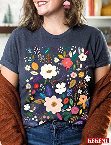 Женски летни врвови цветни графички маици памук лабава цветна печатена блуза околу вратот девојки лежерни кошули со краток ракав