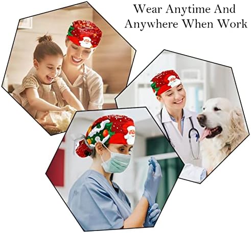 2 парчиња медицинска сестра за чистење капаци жени долга коса, симпатична Божиќна мачкал прилагодлива работна капа со копче и џемпер