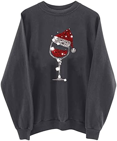 Женска Божиќна маичка црвено вино стакло печати долг ракав пуловер лабава удобна екипаж на блуза со блуза