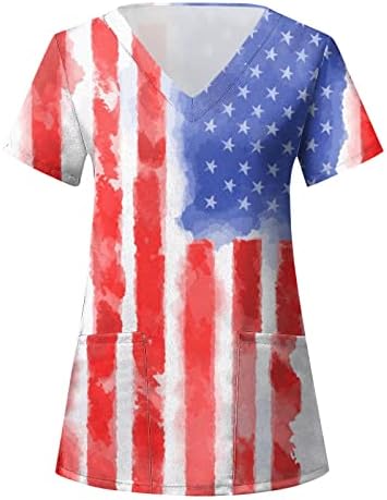 4 -ти јули маичка за жени за жени со знаме на САД летен краток ракав против вратот блуза со 2 џебови смешна празнична работна облека