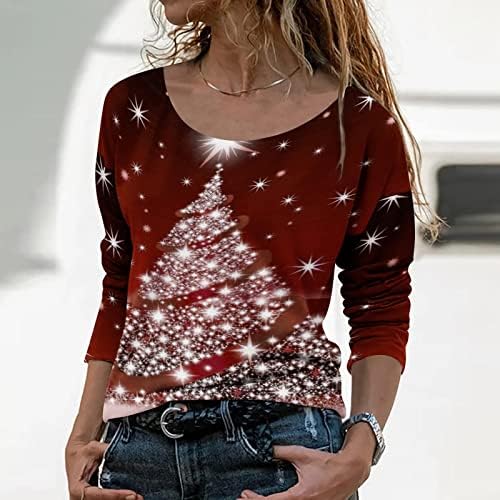 Симпатични есенски врвови за жени кошули за Божиќни печати со модерни вкупни долги божиќни џемпери за жени