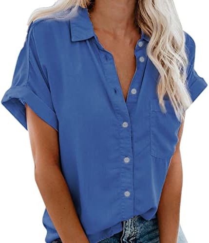 Клиос тексас кошули за жени трендовски копче надолу по долги ракави лабави вклопени туники врвови сини џин кошули жени преголема
