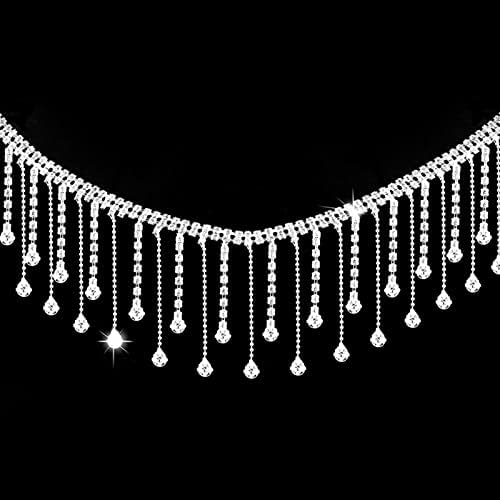 Rhinestone Ribbon Tassel синџир- Неправилен стил Rhinestones fringe trim за каубојка капа- дијамантски кристал со долга тасела за свадбени ѓердани додатоци за облека за облека, вазна дек
