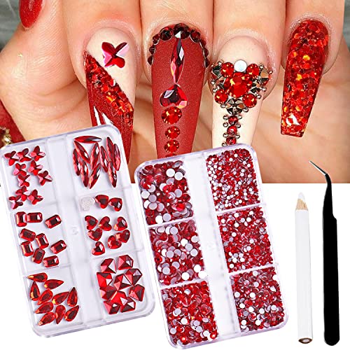 1500 парчиња црвена нокти уметност Rhinestones Мулти форми рамни кристали 3Д геми за нокти за декорација на ноктите дијаманти Арт
