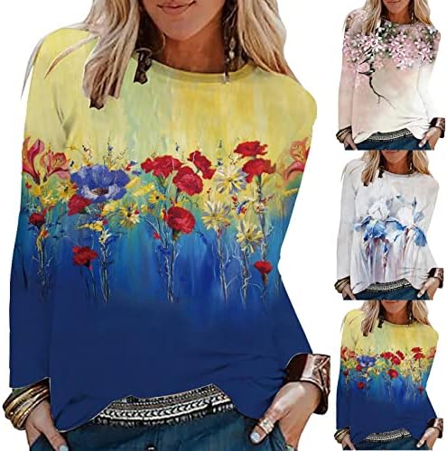 Врвови со долги ракави на жени, маички за жени обични лабави туники врвови цветни графички маички за жени врвови