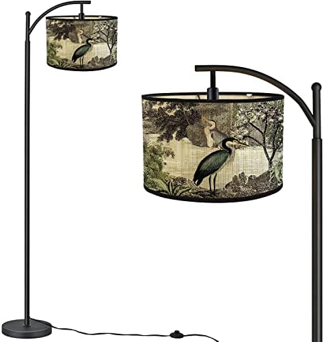 Данџои ратан под подната ламба за дневна соба, заоблена подна ламба, сликарство за птици висока стоечка ламба со бамбус сенка, 3 нивоа на осветленост, стапало, подни