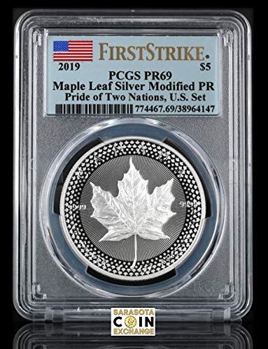 2019 Гордоста на две нации во САД постави сребрен канадски лисја на јавор PCGS Прв штрајк САД постави 5 $ PR69 PCGS
