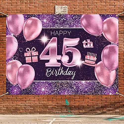 Пакбоом Среќен 45 -ти роденден Банер за позадина - 45 ДЕЦЕРАЦИИ ЗА ПАРТИРАЕ НА ДОДЕЛУВАЕ ЗА WЕНИ - Пинк Виолетово злато 4 x 6ft