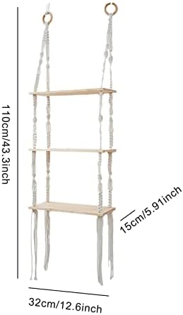 Гуанглу Макраме Висечки Полици Полица За Таписерија Од 3 Нивоа Дрво Пловечки Полици Со Ткаено Јаже, Ѕидни Висечки Полици Бохо Декор