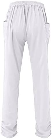 Машки обични памучни постелнини панталони за мажи кои влечат удобно мека еластична половината плажа јога панталони со џебови