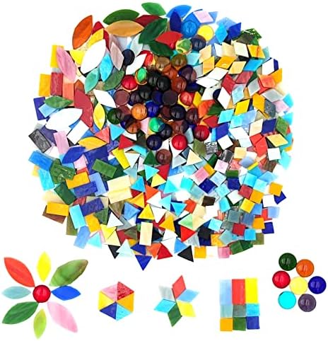 Мешано стакло во боја на мозаични плочки 1.3lb/600g, 6 мешани форми ливчиња од ливчиња/круг/правоаголник/квадрат/ромб/триаголник витраж за занаети