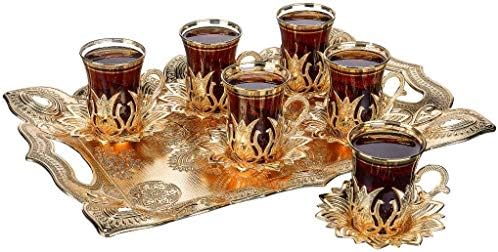 ДЕМЕКС турски Чаши За Чај Чинии Поставени Со Послужавник и Лажици, 25 Парчиња, 3,5 Мл.