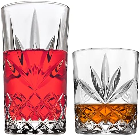 Сет на мешан софтвер за пиење од 8, 4 високи чаши за пиење, 4 старомодни чаши за виски, стакленички сет, чаши за кристално стакло