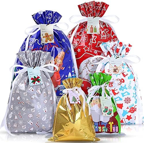 Џрипа Божиќни Торби За Подароци, Торби За Божиќни Подароци со Врвки 25 парчиња Торба За Завиткување Дедо мраз во 4 Големини и 6 Дизајни