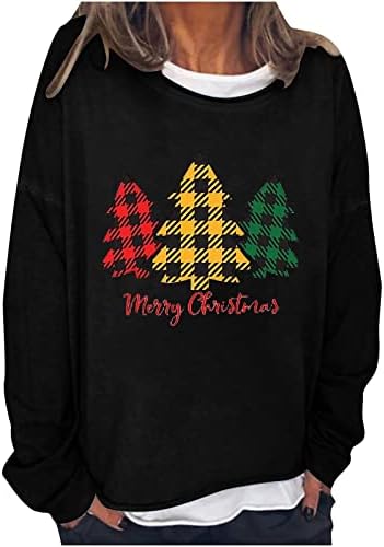 Божиќни кошули за жени лабава фит екипаж џемпер смешни карирани новогодишни елки маички кошула долга ракав Туника врвови