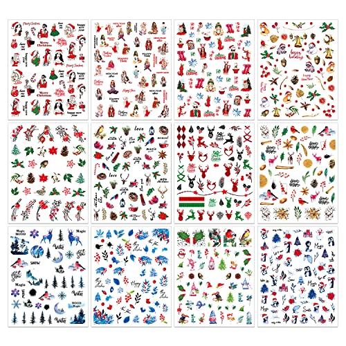 Вокото 12 чаршави налепници за Божиќни нокти за налепници за уметност за нокти Божиќни нокти уметност Божиќни налепници Божиќни нокти за жени девојки нокти Божиќни