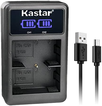 KASTAR BP-511A LED2 USB полнач за батерии компатибилен со Canon BP-508 BP-511 BP-511A BP-512 BP-512A BP-514 BP-522 BP-535 батерија, Canon
