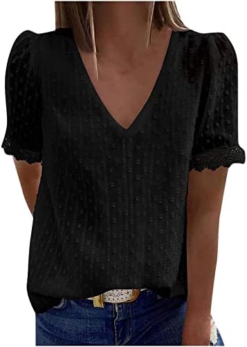 Маица со блуза за девојки есен лето облека кратка ракав чипка шифон против вратот случајна основна врвна ек ек