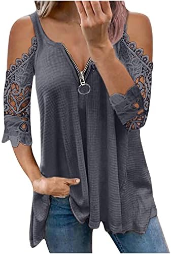Женска маица чипка шуплива 1/2 ракави патент v-врат ладно рамо прашка плетени кошули Туника блуза врвови