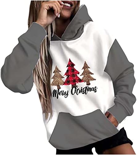 Womenените Среќни Божиќни дуксери леопард карирана елка графички пуловер со качулка трендовски блок во боја, дуксер