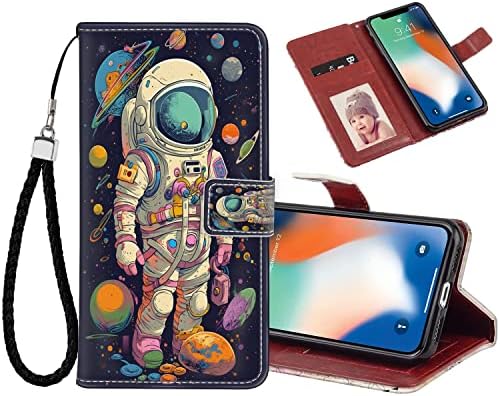 Случај за сини џеб Shencang, погоден за iPhone X/XS Шарен вселенски човек ZX093 CASH & ID, држач за картички за картички за паричник,