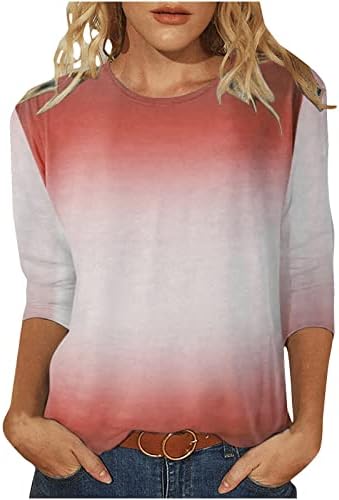 Лето 3/4 ракав маица, врзана боја, боја блок за боја, за жени, обични лабави тунични маички, пулвер за блуза на вратот