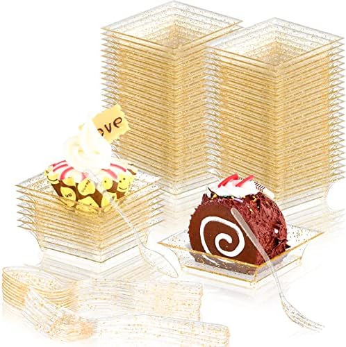 Xuwaidsgn 50 парчиња 2,4 ”x 2,4” мини квадратни златни сјајни десертни плочи пластични со вилушки лажици поставени примерок за дегустација на мали плочи, мини сервис за се?