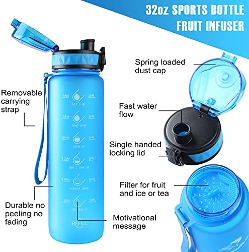 Aqualive 32oz BPA бесплатно Тритан шише со вода за истекување на вода, отстранлив цедилка и временски маркер мотивациски за да