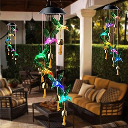 Hummingbird Solar Wind Chimes на отворено, подароци за роденден на мајка, подарок за градинарство за мајка // баба/пријател/сестра/тетка/жени, соларни висечки светла на отворено и