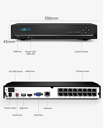 Reolink 4K 16 канал NVR за систем за безбедност на камера, работа со 4K/5MP/4MP HD Reolink IP камери, 24/7 снимање до претходно инсталиран 4TB хард диск, HW N2MB02, RLN16-410