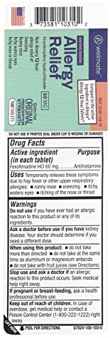 Олеснување на алергија на Велмејт | Фексофенадин HCl 60 mg не-дува антихистамин | 100 брои таблети | 12 часа цел ден поддршка